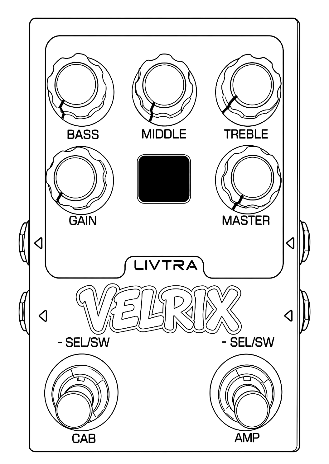 LIVTRA VELRIX — amp and cab pedal with Bass, Middle, Treble, Gain and Master knobs and AMP/CAB footswitches